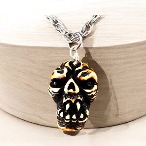 🆕3D Hand Carved Wood Skull on Twisted Helix Chain Stainless Steel